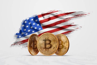 Kripto para birimi, Amerika Birleşik Devletleri ABD bayrağı arka planı altın sikke Bitcoin Btc. bozuk para bitcoin. Kavramı yeni bir para, Blockchain teknoloji, bir belirteç.