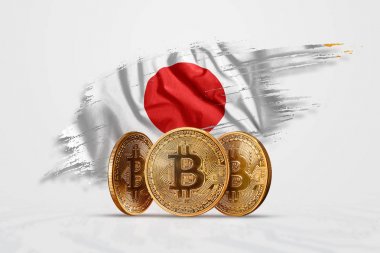 Kripto para birimi, altın sikke Bitcoin Btc. bozuk para bitcoin Japonya bayrağı arka planı. Kavramı yeni bir para, Blockchain teknoloji, bir belirteç. Karışık teknik