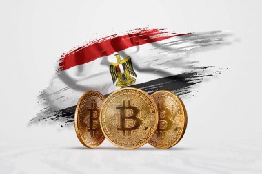 Kripto para birimi, altın sikke Bitcoin Btc. bozuk para bitcoin Mısır bayrağı arka planı. Kavramı yeni bir para, Blockchain teknoloji, bir belirteç. Karışık teknik