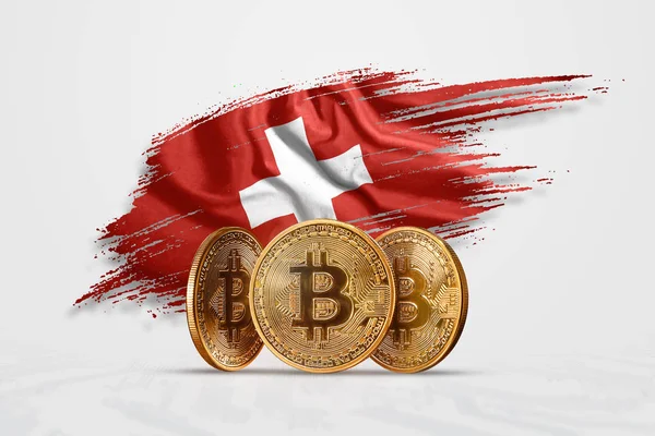 Criptomoeda, moeda de ouro BITCOIN BTC. Moeda bitcoin contra o fundo da bandeira da Suíça. O conceito uma nova moeda, Blockchain Technology, um símbolo. Meios mistos — Fotografia de Stock
