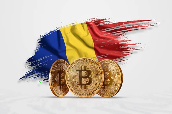 Kripto para birimi, altın sikke Bitcoin Btc. bozuk para bitcoin Romanya bayrağı arka planı. Kavramı yeni bir para, Blockchain teknoloji, bir belirteç. Karışık teknik — Stok fotoğraf