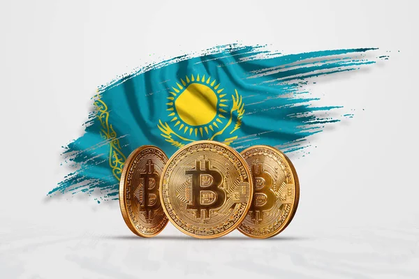 Kripto para birimi, altın sikke Bitcoin Btc. bozuk para bitcoin Kazakistan bayrağı arka planı. Kavramı yeni bir para, Blockchain teknoloji, bir belirteç. Karışık teknik — Stok fotoğraf