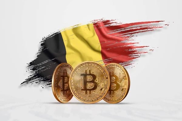 Kripto para birimi, altın sikke Bitcoin Btc. bozuk para bitcoin Belçika bayrağı arka planı. Kavramı yeni bir para, Blockchain teknoloji, bir belirteç. Karışık teknik — Stok fotoğraf
