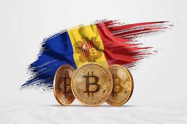 Krypto valuta, guldmynt Bitcoin Btc. mynt bitcoin mot bakgrund av Andorras flagga. Begreppet en ny valuta, Blockchain-teknik, en token. Mixed media — Stockfoto