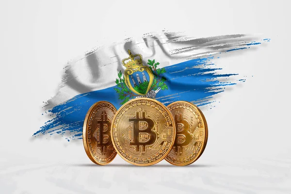 Krypto valuta, guldmynt Bitcoin Btc. mynt bitcoin mot bakgrund av Marino flagg. Begreppet en ny valuta, Blockchain-teknik, en token. Mixed media — Stockfoto