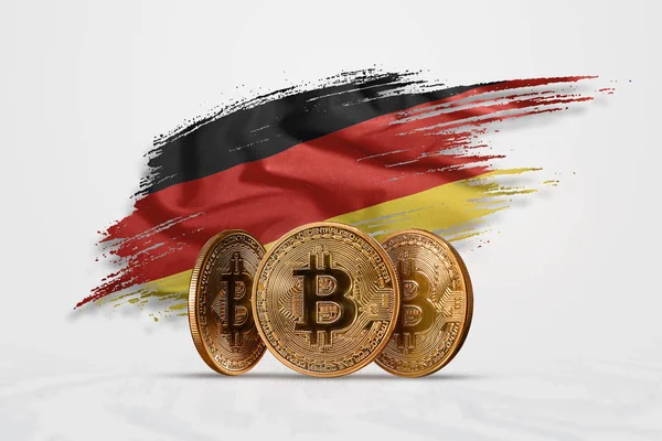 Kripto para birimi, altın sikke Bitcoin Btc. bozuk para bitcoin Almanya bayrağı arka planı. Kavramı yeni bir para, Blockchain teknoloji, bir belirteç. Karışık teknik — Stok fotoğraf