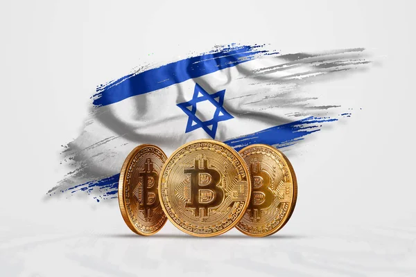 暗号通貨、金貨ビットコイン Btc。 コイン bitcoin イスラエルの旗の背景。コンセプト新しい通貨、Blockchain 技術、トークンです。ミクスト メディア — ストック写真