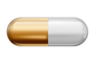 Altın rengi, beyaz arka plan üzerinde izole kapsül şeklinde bir tablet. İlaç, tedavi, tedavi kavramı.
