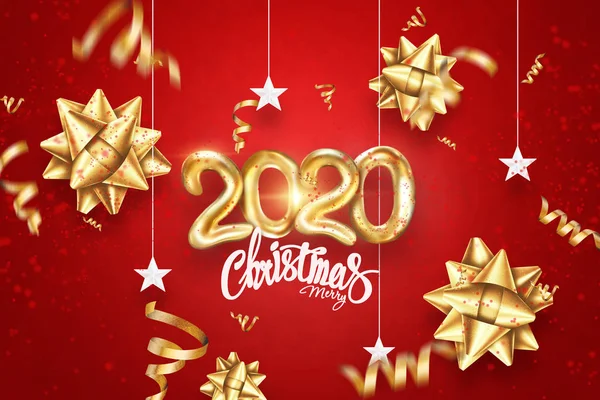 Kırmızı arka planda Mutlu Noeller 2020 mesajı at. Kart tasarım şablonu. Kırmızı ve altın desenli. Tatil hediyesi afişi. 3D illüstrasyon, 3D canlandırma. Boşluğu kopyala — Stok fotoğraf