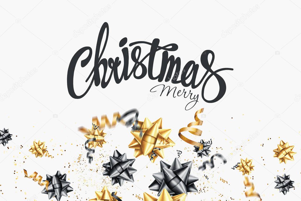 Merry Christmas text on a white background. Black-gold design. Calligraphy lettering card design template. Holiday greeting gift poster. 3D illustration, 3D render