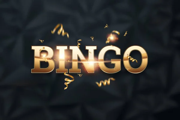 Creatieve achtergrond, de inscriptie bingo in gouden letters op een donkere achtergrond. Concept winnen, casino, idee, geluk, lotto. 3d illustratie, 3d weergave. — Stockfoto