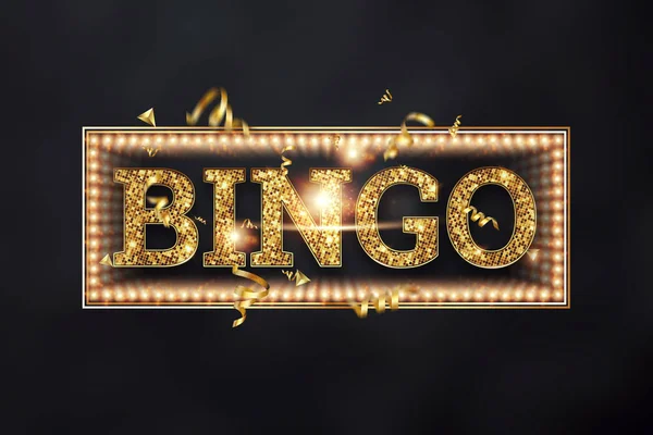 Kreativní pozadí, nápis bingo zlatými písmeny na tmavém pozadí. Koncept vítězství, kasino, nápad, štěstí, lotto. 3D ilustrace, 3D vykreslování. — Stock fotografie