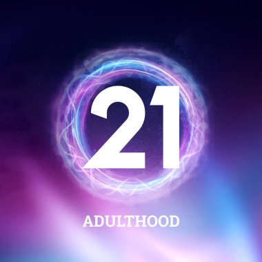 Beyaz numaralar 21 yıllık yetişkinlik kutlaması karanlık arka planda neon soyut tasarım ile. Kutlama şablonu, tebrik kartı, tatil şablonu, el ilanı, kopyalama alanı.