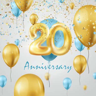 Altın balonlar 20. yıldönümü kutlamaları, altın ve turkuaz balonlar ve konfeti. Kutlama şablonu, tebrik kartı, tatil şablonu, broşür. 3d illüstrasyon, 3d canlandırma