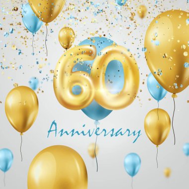 Altın balonlar 60. yıldönümü kutlamaları, altın ve turkuaz balonlar ve konfetiler. Kutlama şablonu, tebrik kartı, tatil şablonu, broşür. 3d illüstrasyon, 3d canlandırma