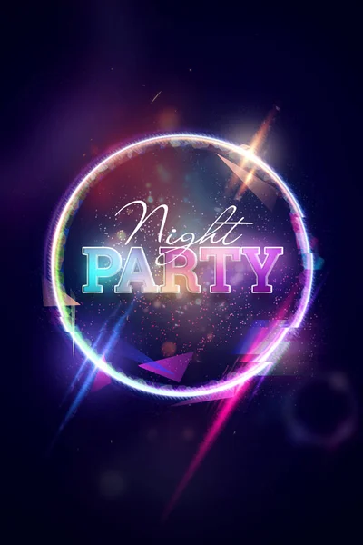 Creative flyer A4 for a night club, the inscription night party on a dark background, neon flashes. Invitation card, advertising design, copy space. — Stock Photo, Image