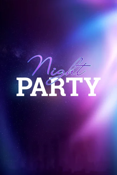 Creative flyer A4 for a night club, the inscription night party on a dark background, neon flashes. Invitation card, advertising design, copy space. — Stock Photo, Image