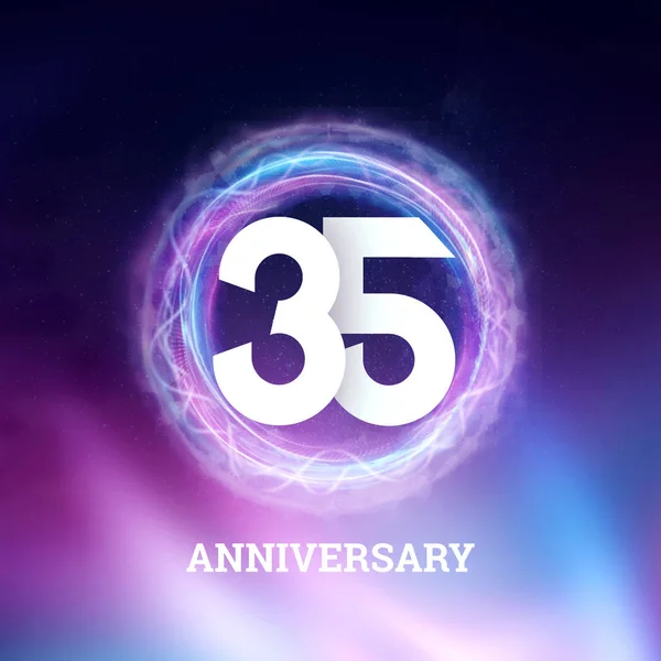 White numbers 35 years anniversary celebration on dark background with neon abstract design. celebration template, Greeting card, holiday template, flyer, copy space. — Stock Photo, Image