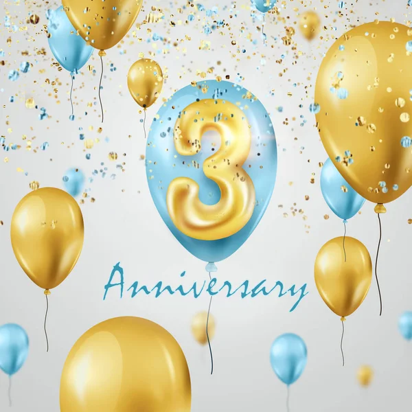 Balões dourados números 3 anos de celebração de aniversário, balões dourados e turquesa e confete. Modelo de celebração, cartão de saudação, modelo de feriado, folheto. Ilustração 3D, renderização 3D — Fotografia de Stock