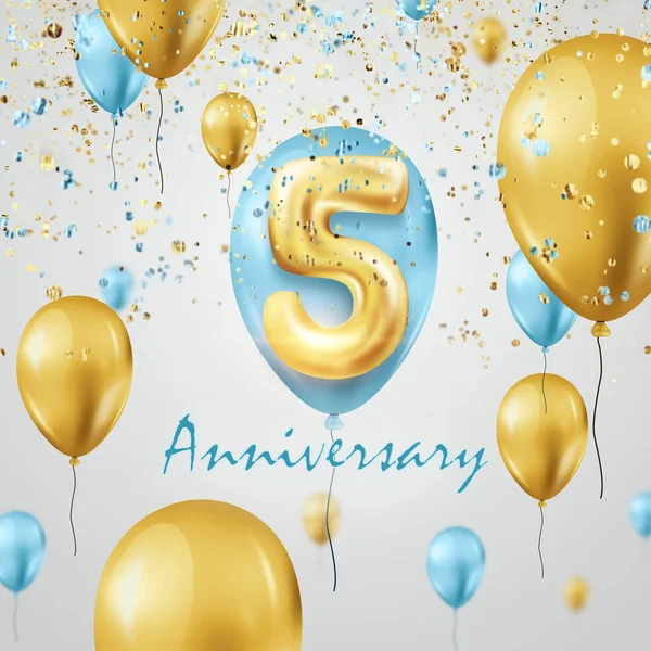 Balões dourados números 5 anos de celebração de aniversário, balões dourados e turquesa e confete. Modelo de celebração, cartão de saudação, modelo de feriado, folheto. Ilustração 3D, renderização 3D — Fotografia de Stock