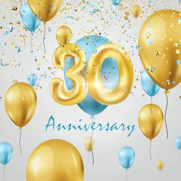 Gouden ballonnen nummers 30 jaar jubileum viering, gouden en turquoise ballonnen en confetti. Feestsjabloon, wenskaart, vakantiesjabloon, flyer. 3d illustratie, 3d weergave — Stockfoto