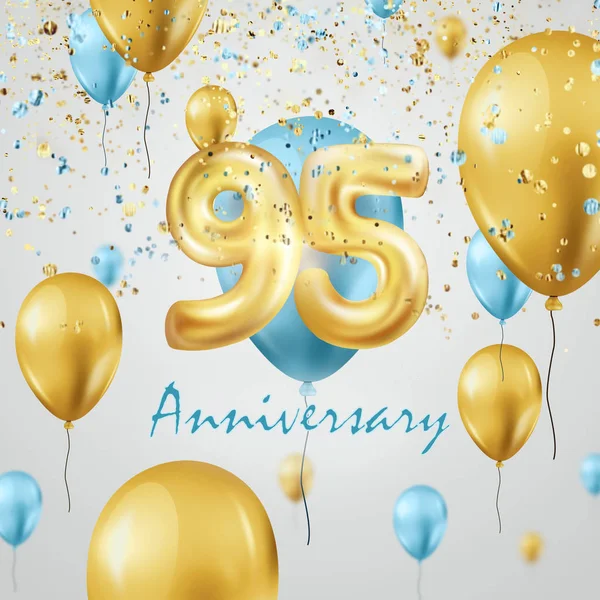 Ballons dorés numéros 95 anniversaire célébration, ballons dorés et turquoise et confettis. Modèle de célébration, carte de voeux, modèle de vacances, flyer. Illustration 3D, rendu 3D — Photo