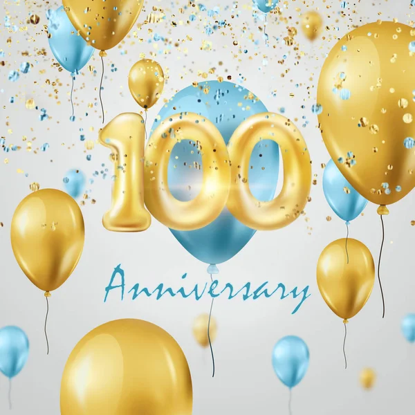 골든 풍선은 100 주년 기념행사, 황금색 과 청록색 풍선, 색종이다. 템플릿, 인사 카드, 휴일 템플릿, 플라이어. 3D 삽화 , 3D 렌더링 — 스톡 사진