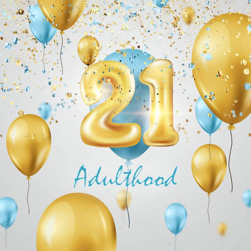 Golden balloons numbers 21 years adulthood celebration, golden and turquoise balloons and confetti. Celebration template, Greeting card, holiday template, flyer. 3D illustration, 3D render