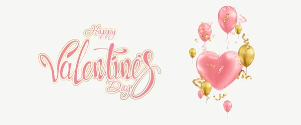 Plantilla de banner del Día de San Valentín feliz, folleto, tarjeta de invitación. Globos y confeti de oro brillante sobre un fondo claro. Ilustración 3D, renderizado 3D . —  Fotos de Stock