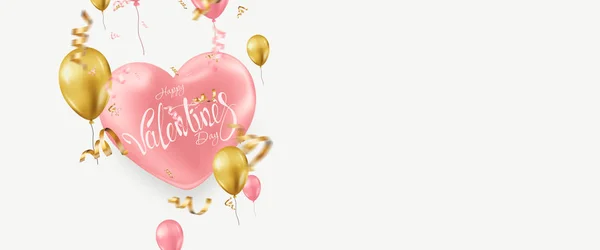Banner zum Valentinstag, Flyer, Einladungskarte. Luftballons und goldglitzerndes Konfetti auf hellem Hintergrund. 3D Illustration, 3D Renderer. — Stockfoto