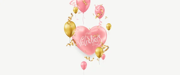 Щасливого дня Валентинів шаблон, флаєр, листівка запрошення. Балони і блискучі золоті конфетті на світлому тлі. 3d ілюстрація, 3d рендеринг. — стокове фото