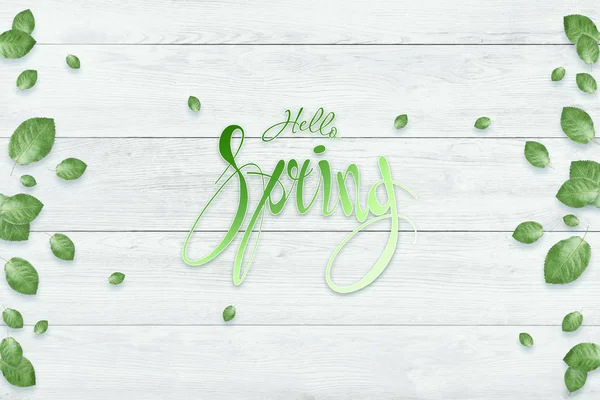 Handwritten inscription hello spring. Spring floral natural background. Copy space. — Stock Photo, Image