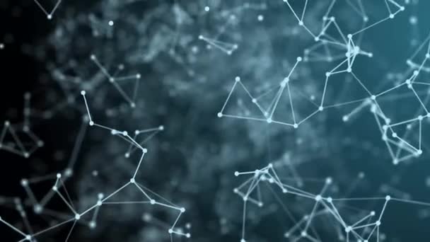 Animation Cg, fond bleu abstrait, caméra volant à travers des points et des lignes, manipulations géométriques. Données de grande taille, bloc de chaîne, cryptographie, stockage de nuages, connexions sociales.