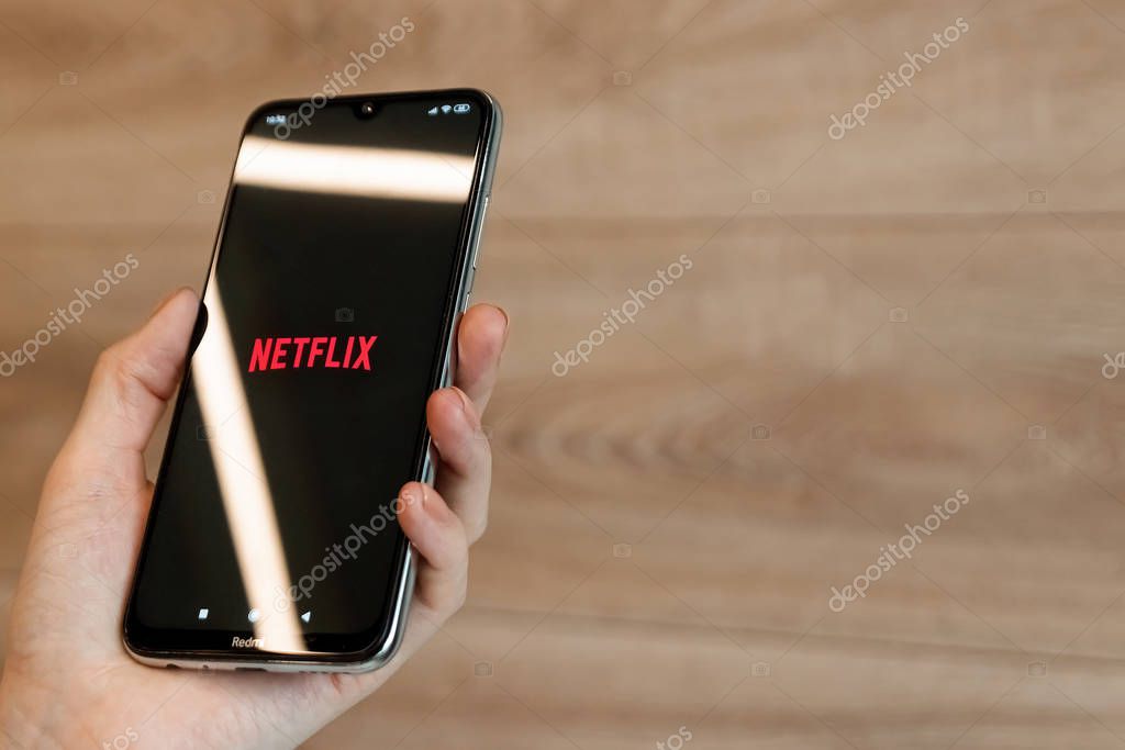 Brest, Belarus, January 31, 2020: Netflix application logo on the Xiaomi Redmi Note 8 smartphone screen close-up. Netflix application. Streaming platform