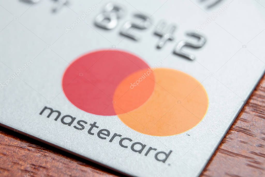 Brest, Belarus - January 31, 2020: mastercard credit card logo. New technologies, EMV chip card, smart payment cards