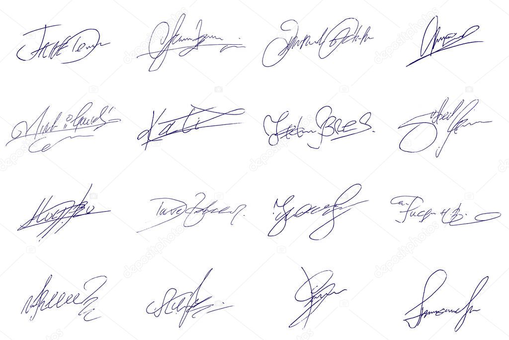 Set of handwritten signatures in blue isolated on white background. Business concept, documents, consent.