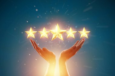 Close-up of a hand and 5 stars, assignment of a new rating, evaluation of services, a new level, business concept. mixed medium.