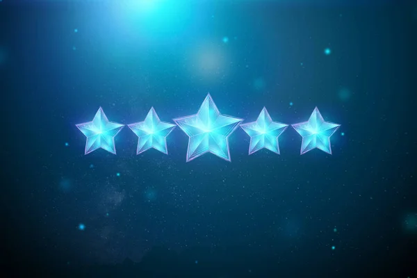 5 синих звёзд на синем фоне, присвоение нового рейтинга, рейтинг сервиса, новый уровень, бизнес-концепция. Смешанная среда. 3d иллюстрация, 3D рендеринг . — стоковое фото