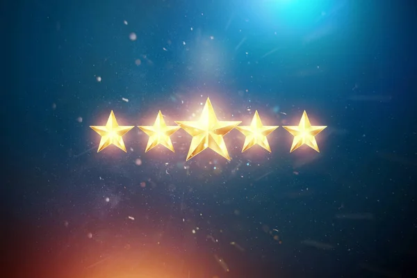 5 gold stars on a blue background, assignment of a new rating, service rating, a new level, business concept. Mixed medium. 3d illustration, 3D render.