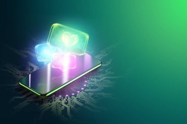 Akıllı telefon ve önündeki ikonu seviyor, yeşil arka plan. Sosyal ağ konsepti, destek, flört uygulaması. İzometrik resim, 3 boyutlu çizim, 3 boyutlu illüstrasyon