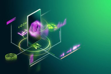 Akıllı telefonun farklı bir görüntüsü, ve yeni teknolojiler, parmak izi koruması, yapay zeka ve çeşitli grafikler. Cep telefonu teknolojisi, modern akıllı telefon, telefon özellikleri