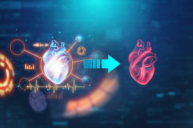 Farklı yaşam belirtileri olan bir kalbin hologramı, kardiyogram, mavi arka plan. Kalp nakli, kalp hastalığı, felç, tıp konsepti. 3B illüstrasyon, 3B canlandırma