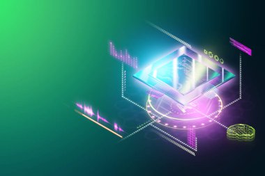 İşlemci, GPU işlemcisi, yeni teknolojiler hızlı bilgi işleme çoklu okuma paralel bilgi işleme. Isometric resim 3D görüntüleme 3B kopya alanı