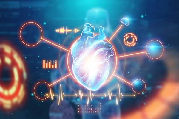 Голограмма Сердца Различными Жизненными Показателями Кардиограммой Синим Фоном Концепция Трансплантации — стоковое фото