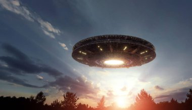 UFO, bir uzaylı plakası havada hareketsiz bir şekilde havada süzülüyor. Tanımlanamayan uçan nesne, uzaylı istilası, dünya dışı yaşam, uzay yolculuğu, insansı uzay gemisi...