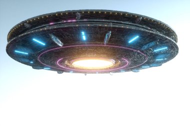 UFO, havada hareketsiz duran bir uzaylı plakası gökyüzünde süzülüyor. Tanımlanamayan uçan nesne, uzaylı istilası, dünya dışı yaşam, uzay yolculuğu, insansı uzay gemisi 3 boyutlu görüntüleme, 3 boyutlu illüstrasyon