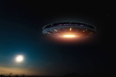 UFO, havada hareketsiz duran bir uzaylı plakası gökyüzünde süzülüyor. Tanımlanamayan uçan nesne, uzaylı istilası, dünya dışı yaşam, uzay yolculuğu, insansı uzay gemisi...