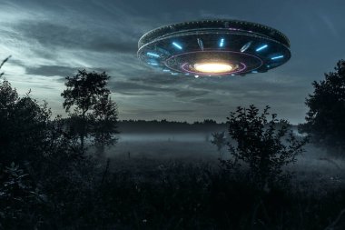 UFO, bir uzaylı plakası havada hareketsiz bir şekilde havada süzülüyor. Tanımlanamayan uçan nesne, uzaylı istilası, dünya dışı yaşam, uzay yolculuğu, insansı uzay gemisi...
