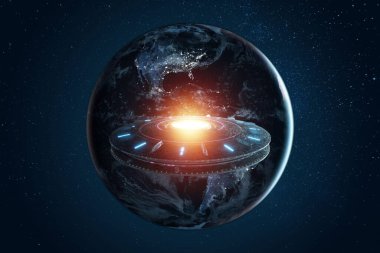 Uzaylı plakası olan UFO uzayda Dünya 'nın arka planına karşı hareketsiz duruyordu. Uzaylı istilası, insansı uzay aracı. NASA tarafından sağlanan görüntünün bazı unsurları