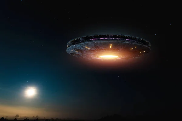 Ufo Havada Hareketsiz Duran Bir Uzaylı Plakası Gökyüzünde Süzülüyor Tanımlanamayan — Stok fotoğraf